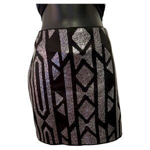 MARINEBLU SEQUIN HIGH WAIST MINI SKIRT SMALL Black AZTEC TRIBAL PRINT NWOT 🖤🪩